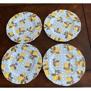 SHABBY CHIC Set of 4 LEMON FLORAL MELAMINE 11” Dinner Plates Light Blue Back 11"